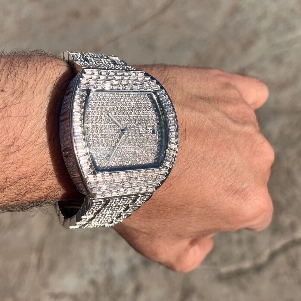 Men's "Million Dollar" Hip Hop Watch Baguettes Simulated CZ Iced Silver Tone 8"